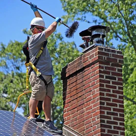 Chimney sweep brushing a capped brick chimney from a rooftop beside solar panels.