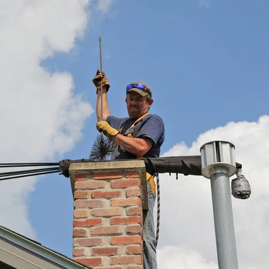 Chimney sweep worker cleaning a brick chimney with a brush and rod on a rooftop.