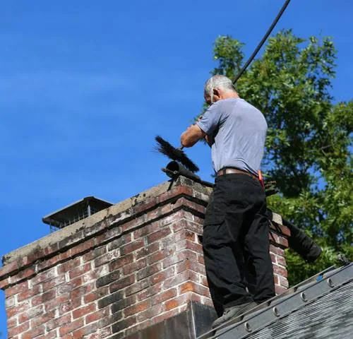 Person brushing a brick chimney from a rooftop with a chimney-cleaning brush.